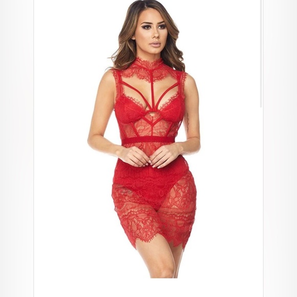 Fashion Nova Dresses & Skirts - Fashion Nova - Sheer Red Lace Dress - Women’s Size S